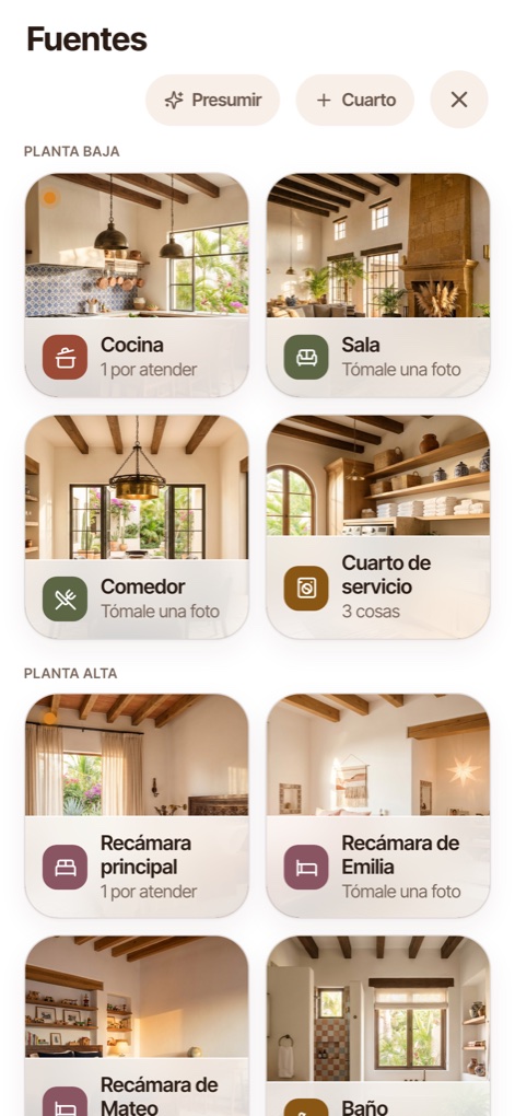 El mapa del hogar en Modo Presumir: cada cuarto con su foto, Cocina, Sala, Comedor, Cuarto de servicio, las recámaras, y lo que cada uno tiene por atender.