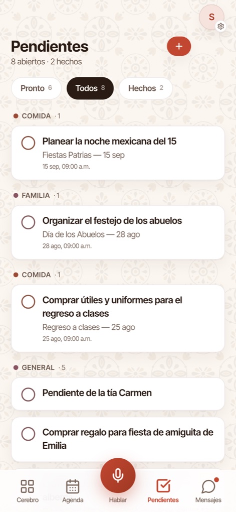 Los pendientes de la casa agrupados por ámbito: Comida, Familia y General, con lo hecho y lo abierto.