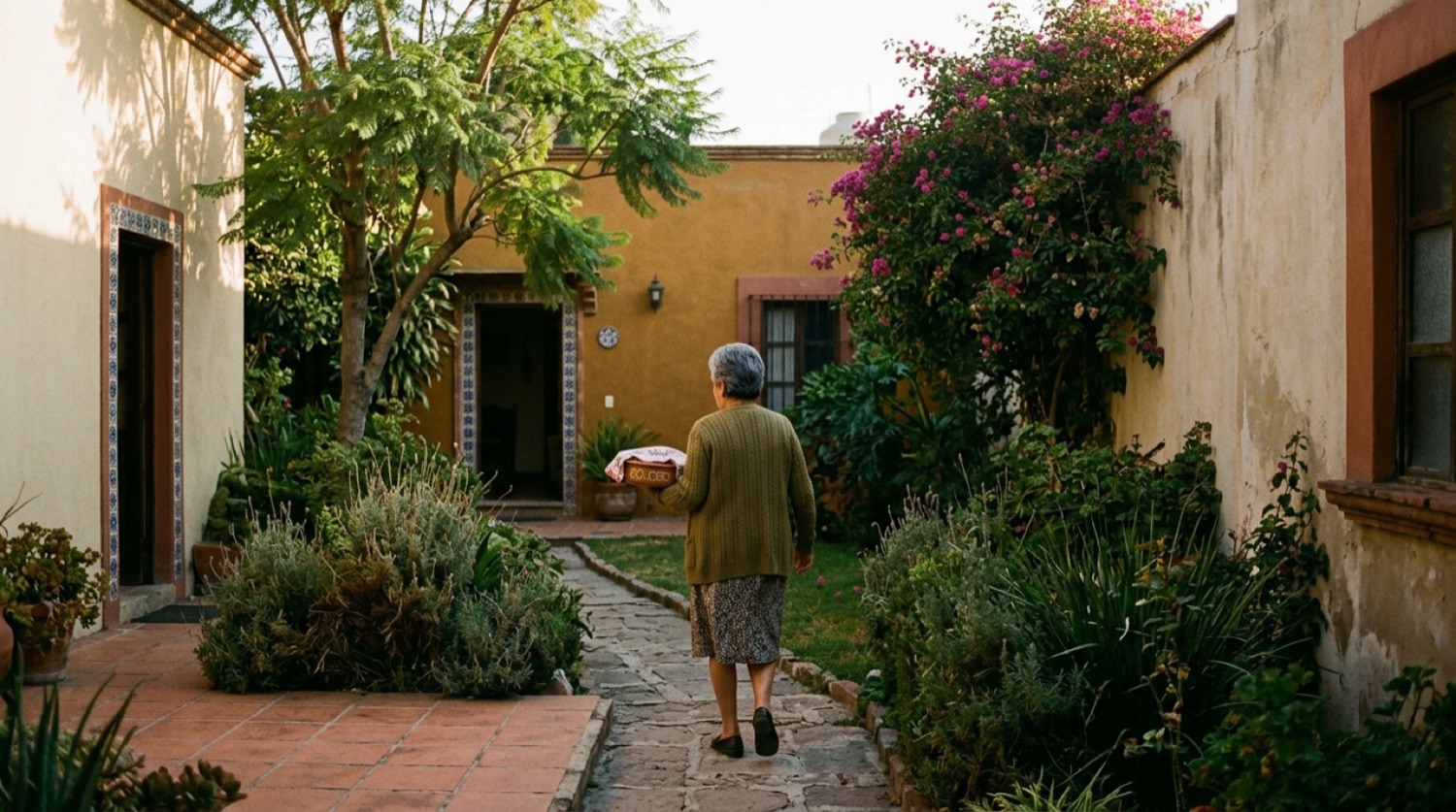 Una abuela cruza el jardín que une dos casas de la misma familia, con un platón tapado en las manos.