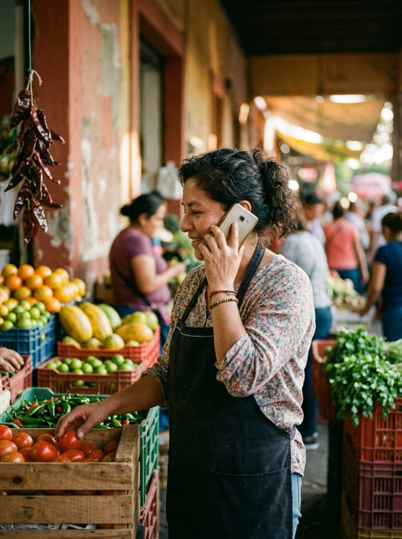 La cocinera de la casa escoge jitomates en el mercado mientras escucha un mensaje en su teléfono.