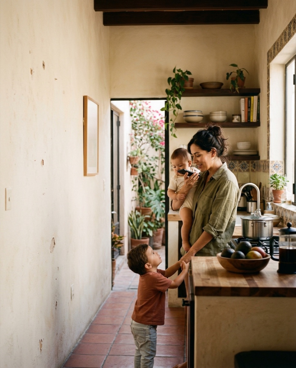 Una mamá en su cocina, con la bebé en brazos y su hijo de la mano, le habla a su teléfono.