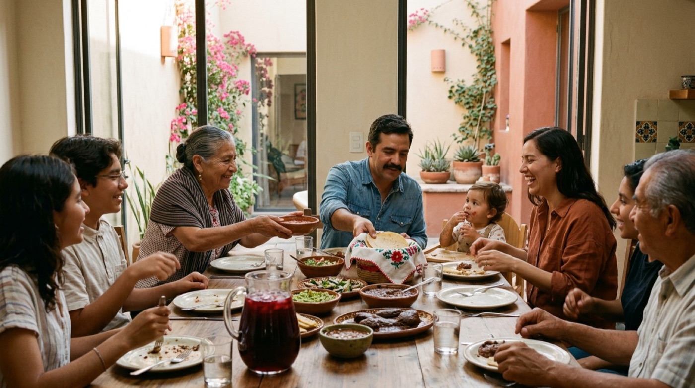 Tres generaciones de una familia mexicana comen juntas en una mesa larga de madera, pasándose los platos.